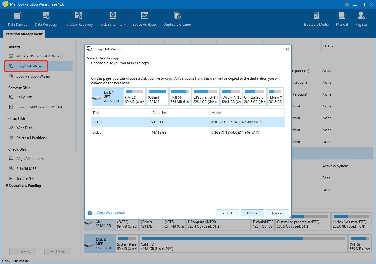 Imagen contextual de la interfaz de partición de disco y MiniTool Partition Wizard