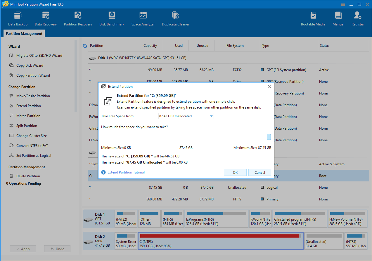 Ilustración de uso de almacenamiento para la unidad del sistema Windows