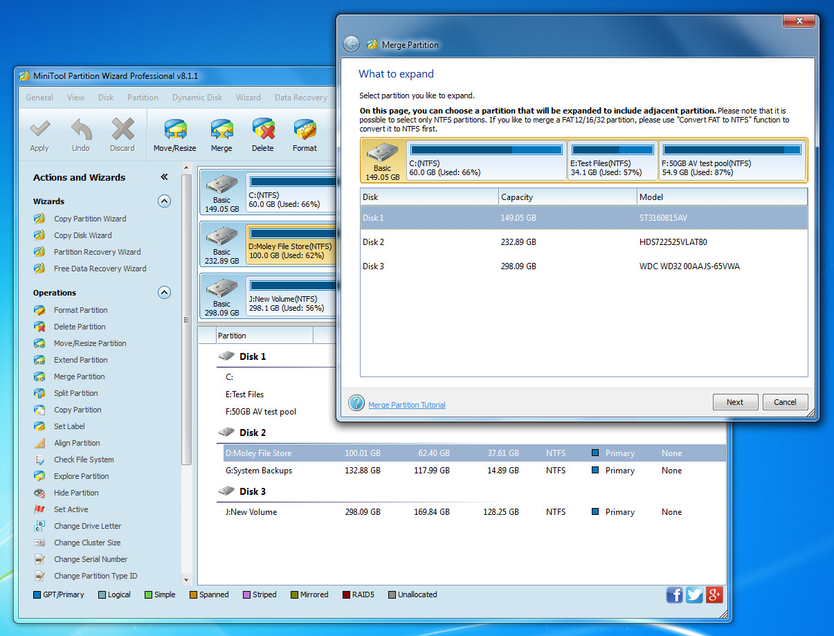 MiniTool Partition Wizard Pro 8.1 showing the Merge Partition wizard over the disk layout